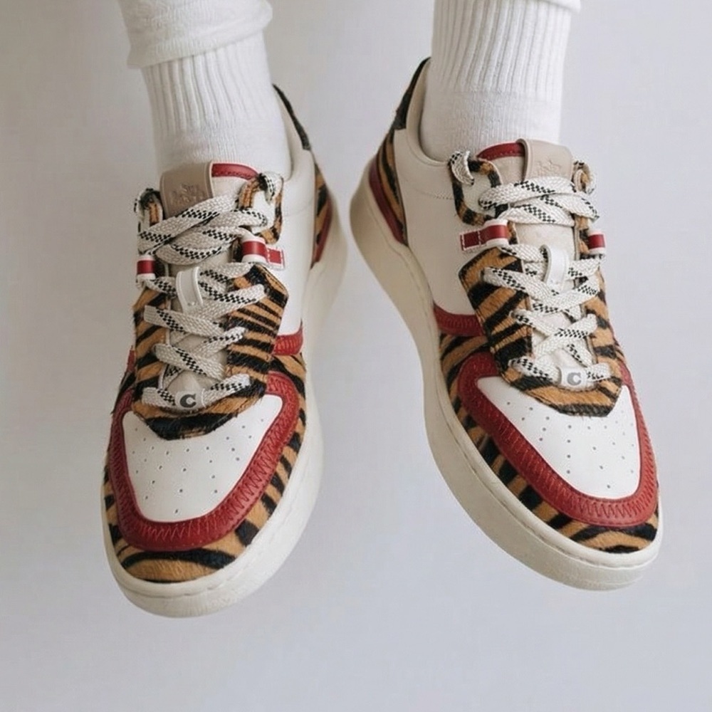 Coach CitySole Court Sneakers White Leather Tiger Print Calf Hair Red size 7